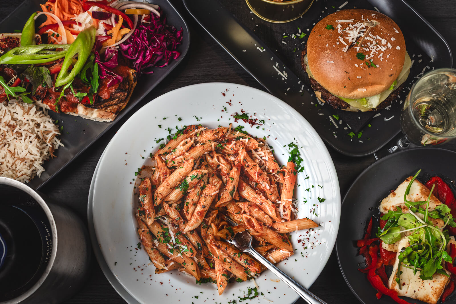 Restaurant table setup with food photographed in South East London